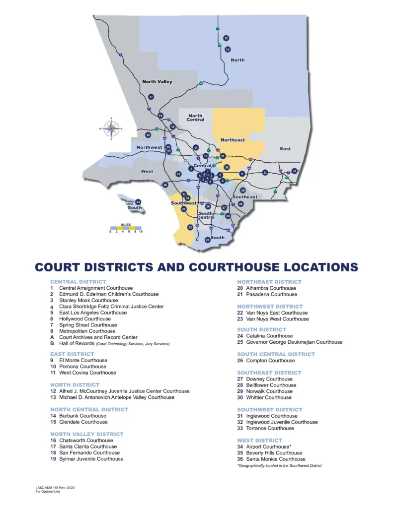 The Los Angeles Superior Court is organized into several judicial districts, each encompassing multiple courthouses that serve specific geographic areas of Los Angeles County.